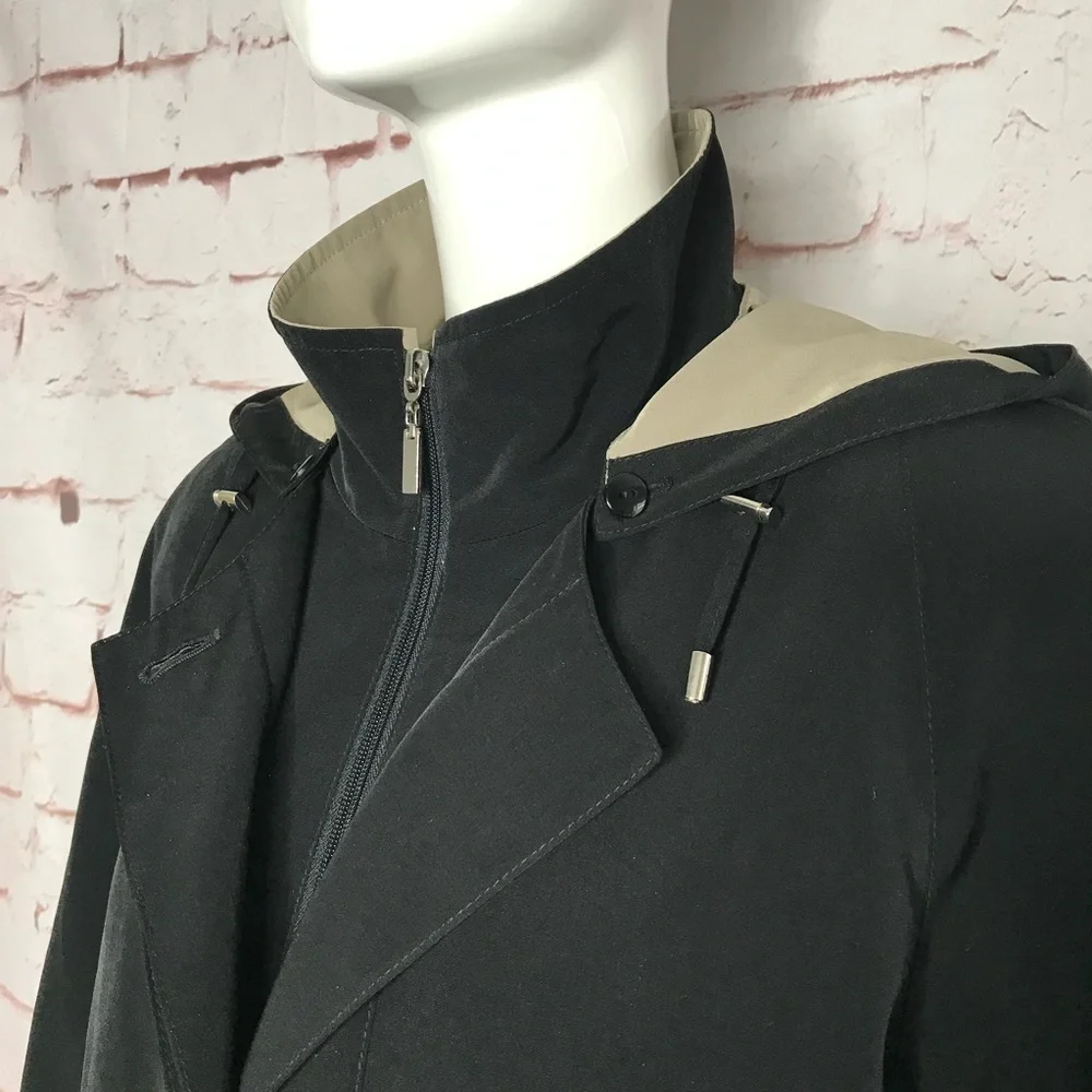 GALLERY Black & Taupe Trench Coat Raincoat detach Hood Size Medium 37” Length - Picture 3 of 16